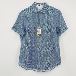 NWT Robert Graham Size Small Blue White Geometric Print Short Sleeve Button Down